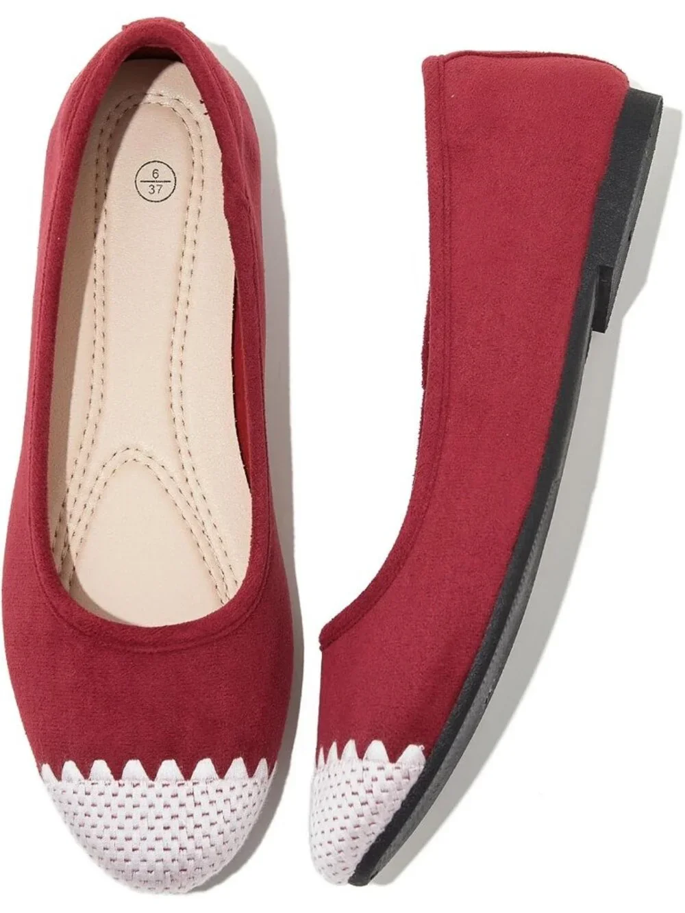 Women's Red Scalloped PU Leather Comfortable Ballet Flats Slip on Casual Shoes